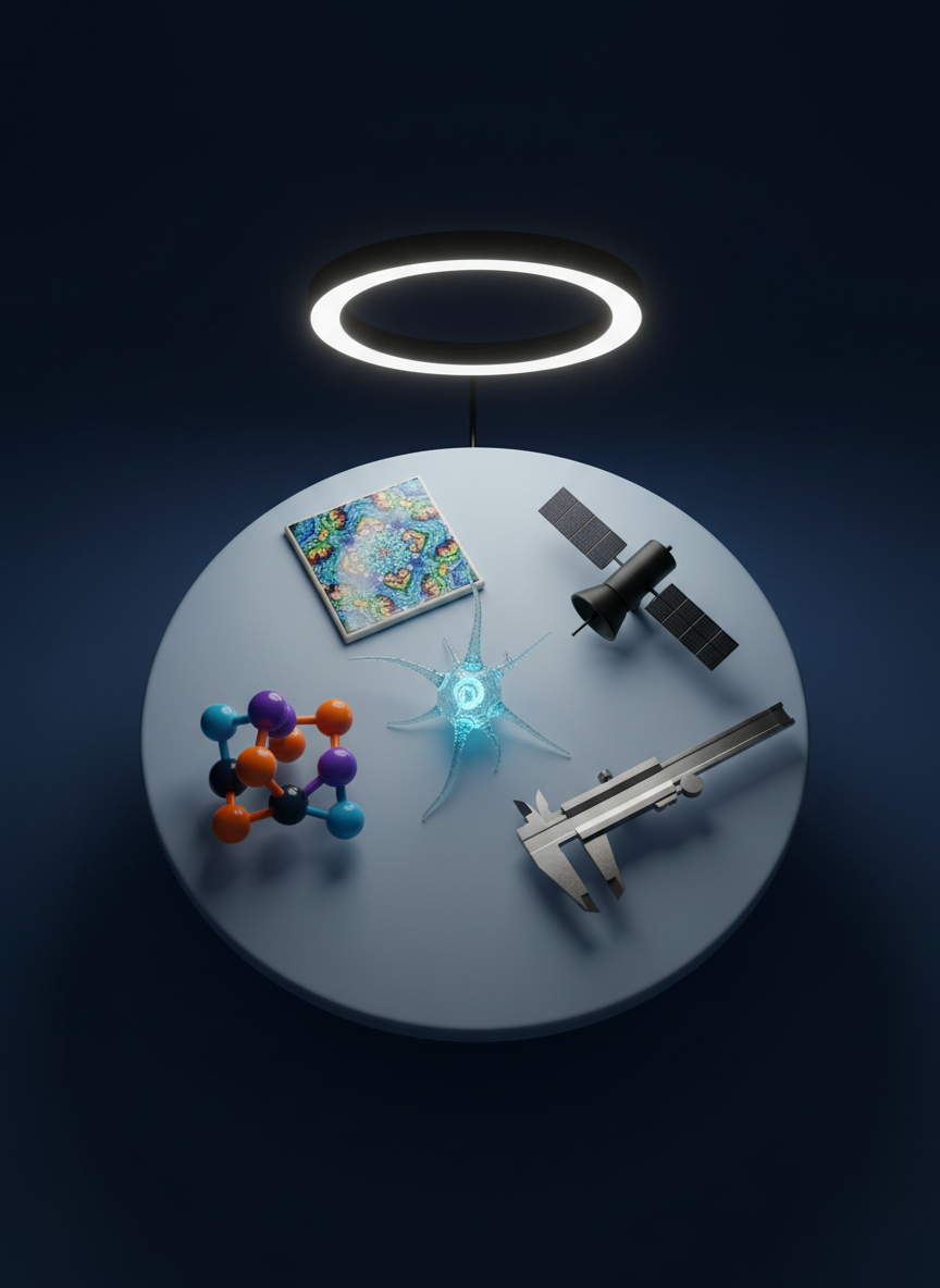 A small, circular worktable set against a smooth, midnight-blue backdrop, covered with carefully arranged “science tokens”: a luminous glass neuron sculpture, a matte-black miniature satellite, a colorful fractal-printed tile, and a stainless-steel caliper measuring a bright 3D-printed molecule. A thin ring light above creates a dramatic halo of illumination, highlighting the objects’ glossy and matte textures while the surroundings fall into gentle darkness. Captured from a slightly elevated overhead angle, the composition forms a loose spiral guiding the eye around each piece, evoking an orbit of ideas. The mood is focused yet playful, like a curated science diorama, with photographic realism and crisp, high-contrast styling that showcases the diversity of disciplines within a unified, imaginative portfolio.