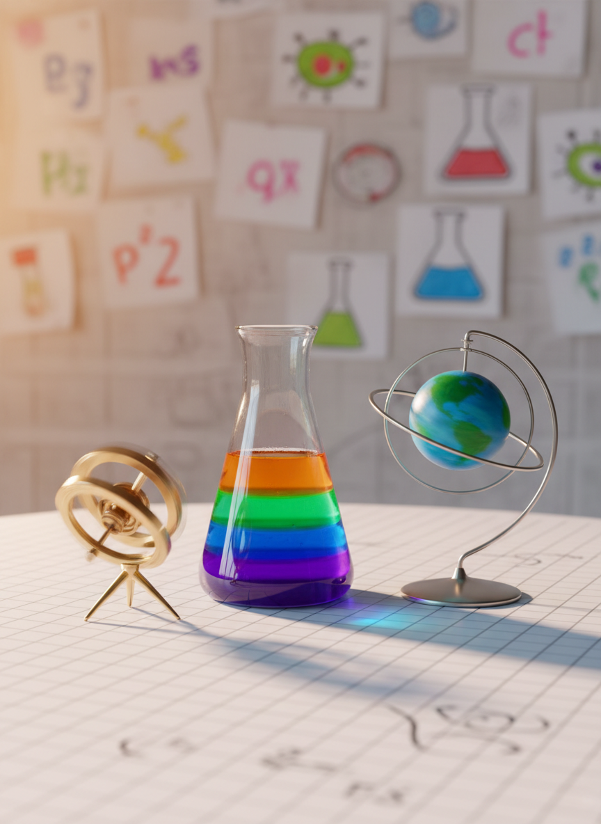 A whimsical tabletop “science playground” featuring a transparent beaker filled with vividly colored liquid gradients, a polished brass gyroscope mid-spin, and a small model planet orbiting on a thin wire arm. The objects rest on a pristine white table with a faint grid pattern, evoking graph paper. Warm, soft studio lighting from the side creates pleasing highlights on glass and metal, casting overlapping, intricate shadows that hint at scientific diagrams. The background is a gently blurred wall covered in pinned sketches of physics, chemistry, and biology icons in bright marker colors. Shot from a low, close-up angle with shallow depth of field, the composition feels dynamic and slightly off-center, emphasizing playful experimentation. The photographic style is crisp and vibrant, blending precision with lighthearted curiosity.