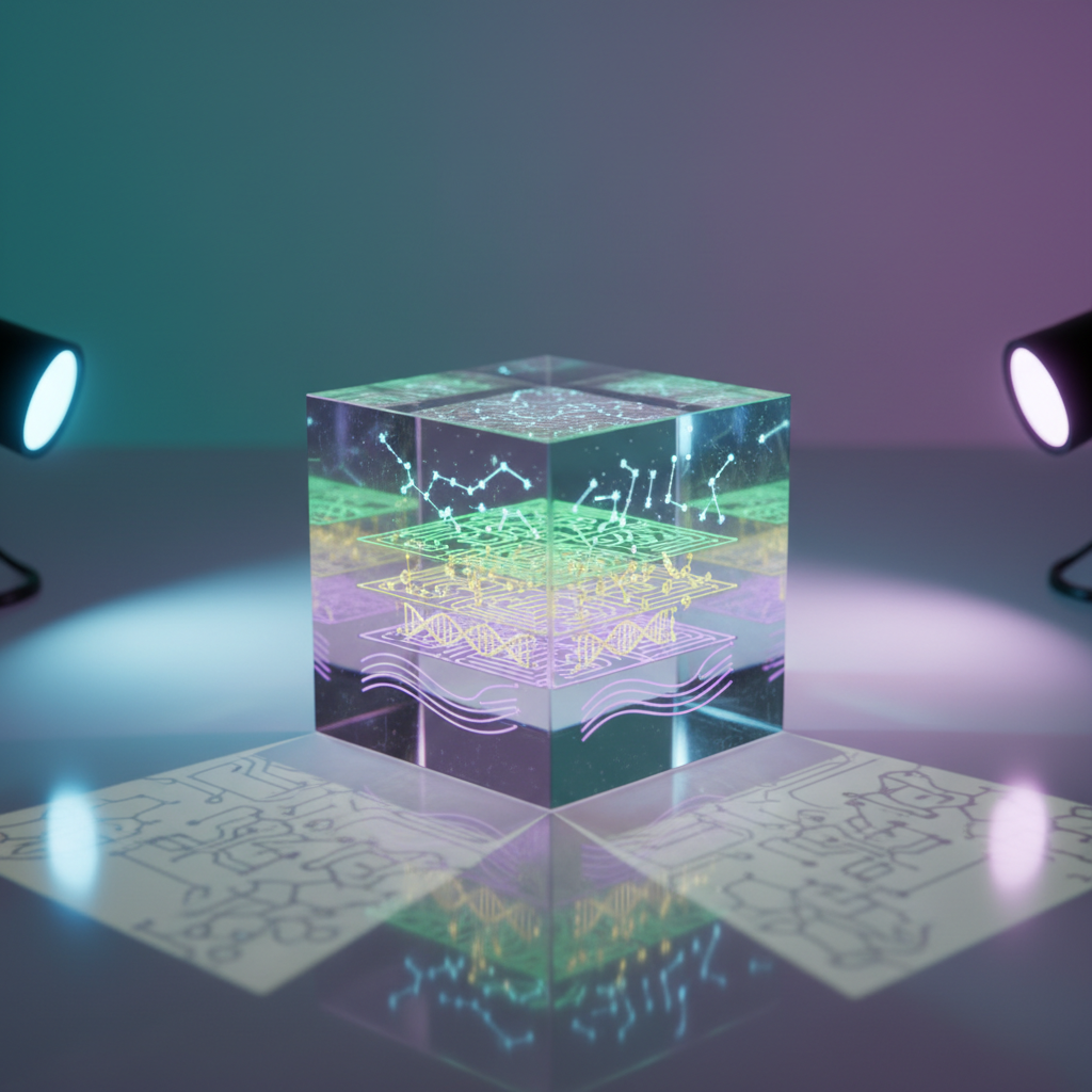A translucent acrylic cube on a smooth, reflective white surface, each inner layer etched with a different scientific motif: faint constellations, crisp circuit traces, precise molecular diagrams, and flowing fluid-dynamics lines. As cool studio spotlights hit from two opposing sides, the etchings glow softly, projecting delicate, overlapping shadows onto the surface like a playful science collage. The background is a subtle gradient from deep teal to soft violet, blurred and clean. Captured from a slightly low, close-up angle, the cube dominates the frame, with a shallow depth of field emphasizing its intricate interior layers. The mood is futuristic yet approachable, rendered in high-detail photographic realism with a polished, modern aesthetic that suggests multidimensional, mixed scientific thinking.