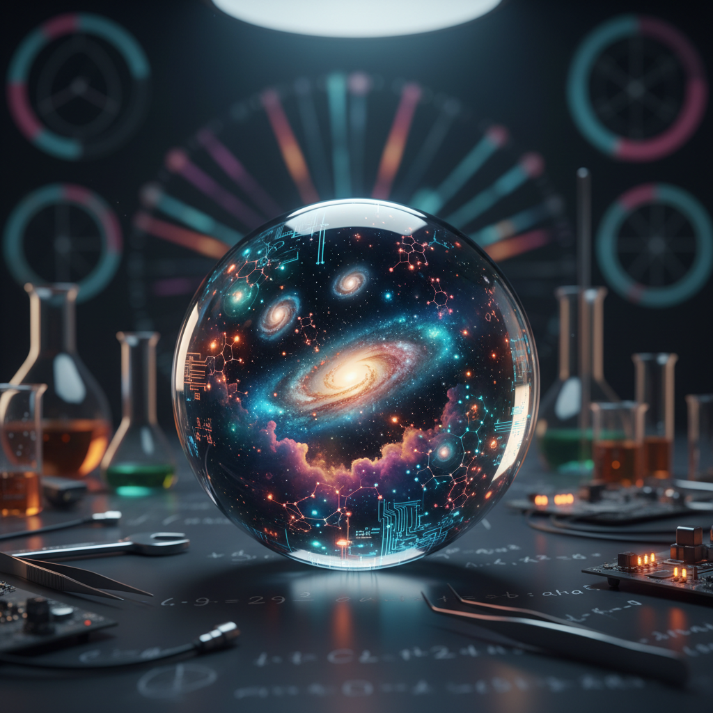A polished glass sphere filled with swirling miniature galaxies, nebulae, and molecular structures, resting on a sleek matte-black lab bench. Around it, faint reflections of chalkboard equations, chemistry glassware, and circuit boards appear softly blurred, suggesting mixed branches of science converging. Cool, diffused studio lighting from above creates crisp reflections on the glass and subtle specular highlights on scattered metallic tools, while the background fades into a gentle bokeh of colorful scientific diagrams. Shot at eye level with a shallow depth of field, the composition centers the sphere as the playful “universe of science,” rendered in photographic realism with vibrant, saturated colors and a clean, modern aesthetic that feels curious and inviting.