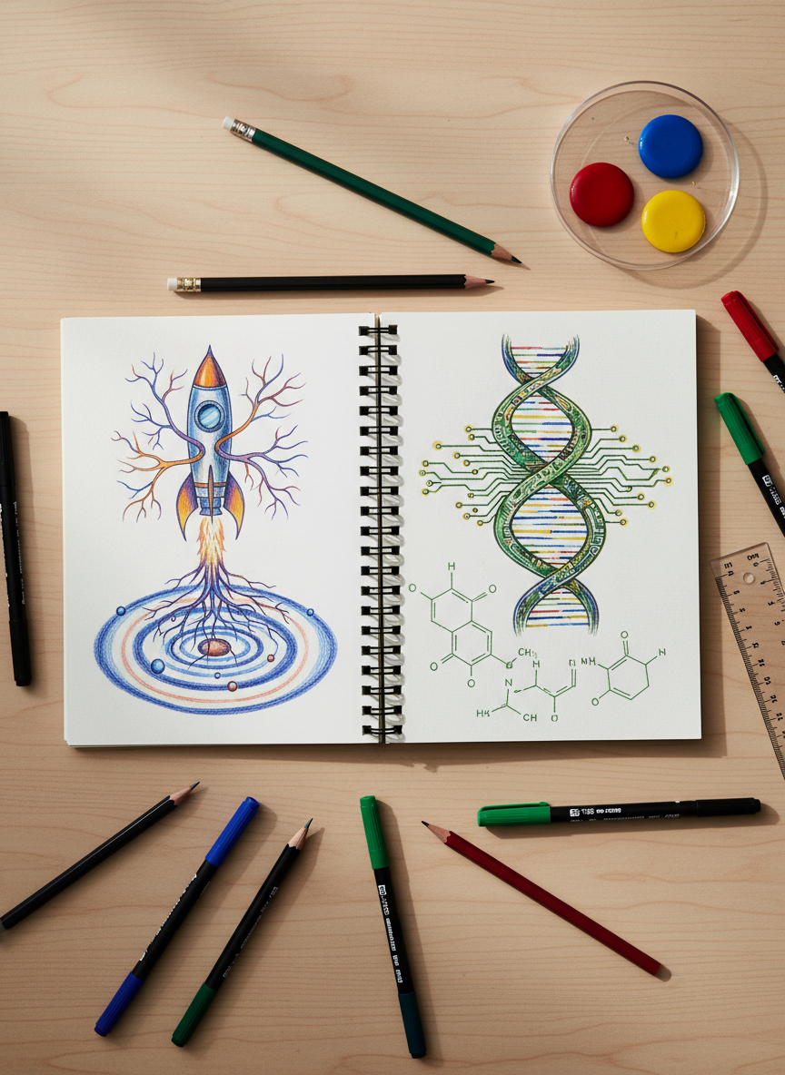 An overhead view of an open sketchbook on a smooth, pale-wood desk, its pages filled with hand-drawn, colorful diagrams blending disciplines: a rocket traced into a neuron, a DNA strand morphing into a circuit, and planetary orbits intersecting with chemical structures. Scattered around are crisp graphite pencils, fine-line pens, and a clear ruler with faint etched measurements catching the light. Soft, indirect window light from the left creates even illumination with subtle shadows from the stationery. A translucent plastic petri dish with bright pigment droplets adds a playful splash of color near the corner. The composition is carefully arranged but feels spontaneous, with the sketchbook centered and tools radiating outward. Photographic realism and gentle, saturated colors create an inviting, creative atmosphere that celebrates science as drawing, mapping, and imagination.