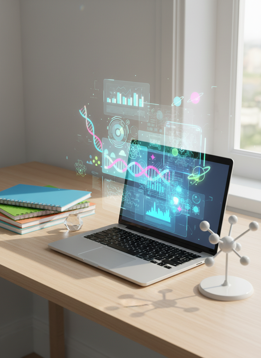 A bright, tidy desktop where a slim silver laptop displays a playful, colorful dashboard of overlapping charts, DNA helices, planetary orbits, and circuit schematics emerging from the screen as translucent holograms. The laptop sits on a smooth, light-wood surface beside a neatly arranged set of lab notebooks, a small crystal prism, and a glossy 3D-printed molecule. Soft daylight from a nearby window casts gentle, directional light, creating crisp shadows and subtle reflections on the laptop’s metallic surface. Captured from a slightly elevated three-quarter angle, the composition follows the rule of thirds, with the holographic science visuals reaching toward the upper frame. The mood is energetic and imaginative, with photographic realism and a clean, tech-forward style that showcases mixed science as playful digital exploration.