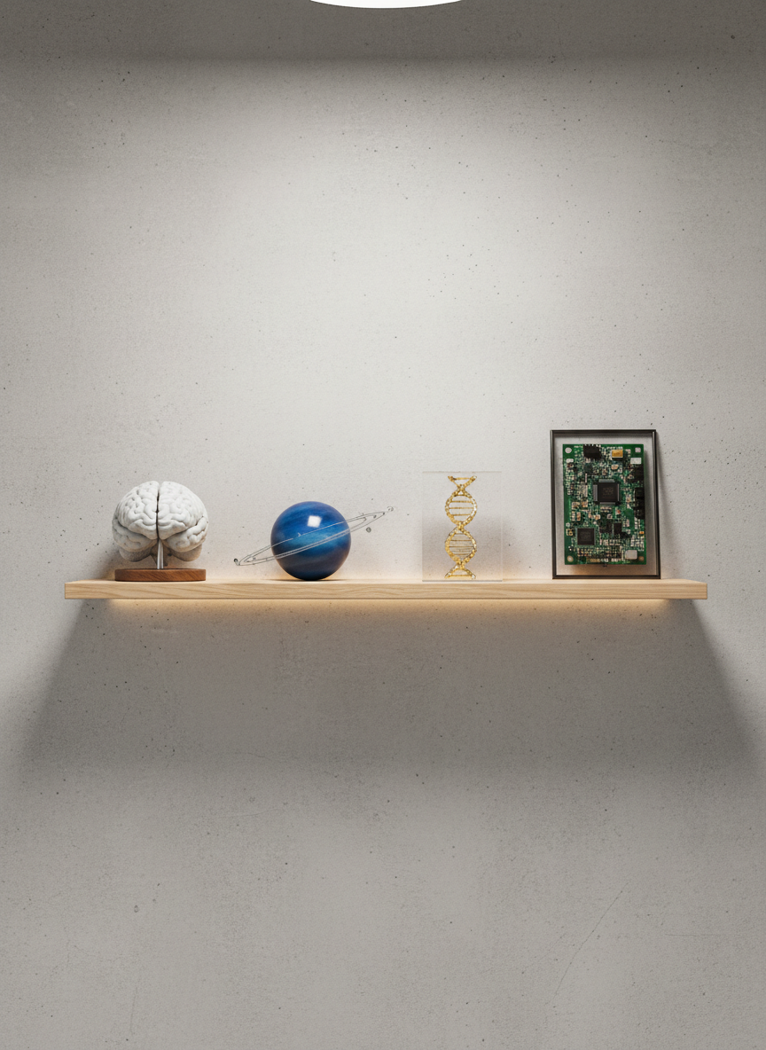A narrow, floating shelf displaying a curated set of playful science artifacts: a matte-white 3D-printed brain model, a glossy deep-blue planet with faint ring, a transparent cube suspending a golden double helix, and a sleek circuit board framed like artwork. The shelf is mounted on a smooth, light-gray wall with subtle texture. Soft, diffused overhead lighting and a hidden LED strip beneath the shelf create a gentle glow, casting sharp, minimal shadows that emphasize clean lines. Captured straight-on at eye level with a wide aspect ratio, the composition uses generous negative space and symmetrical balance, evoking a modern gallery. The mood is calm, clever, and quietly whimsical, rendered in photographic realism with a minimalist, design-focused aesthetic that suits a portfolio of interdisciplinary science work.