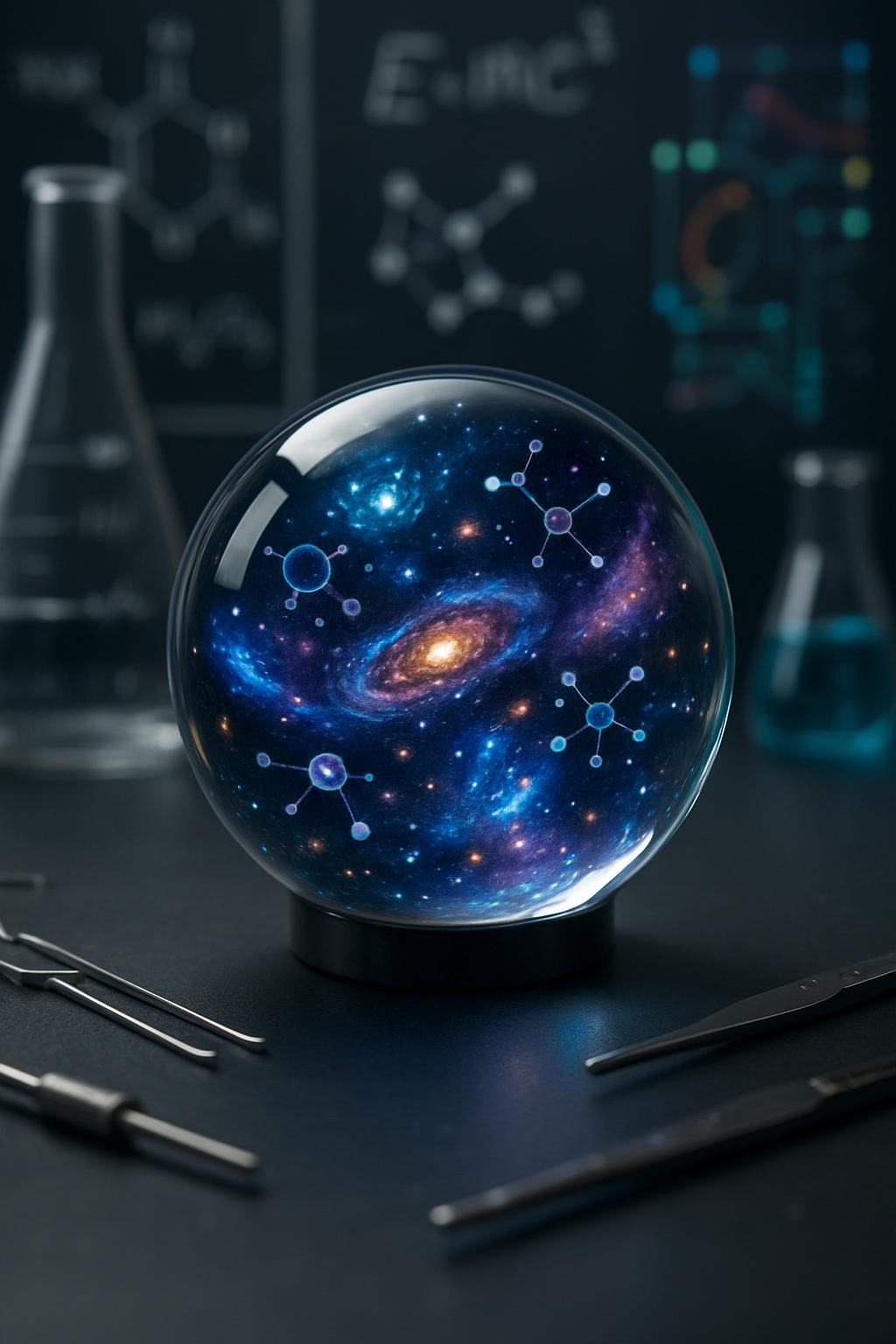 A polished glass sphere filled with swirling miniature galaxies, nebulae, and molecular structures, resting on a sleek matte-black lab bench. Around it, faint reflections of chalkboard equations, chemistry glassware, and circuit boards appear softly blurred, suggesting mixed branches of science converging. Cool, diffused studio lighting from above creates crisp reflections on the glass and subtle specular highlights on scattered metallic tools, while the background fades into a gentle bokeh of colorful scientific diagrams. Shot at eye level with a shallow depth of field, the composition centers the sphere as the playful “universe of science,” rendered in photographic realism with vibrant, saturated colors and a clean, modern aesthetic that feels curious and inviting.